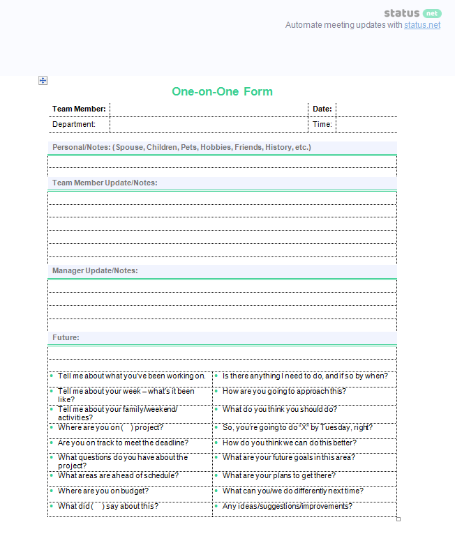 One On One Meeting Sample Questions and 2 Best Agenda Templates